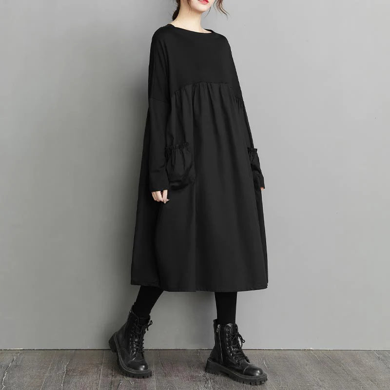 おしゃれワンピース NEW 着瘦せ Aライン タック入り フロントポケット切替 ロングワンピース