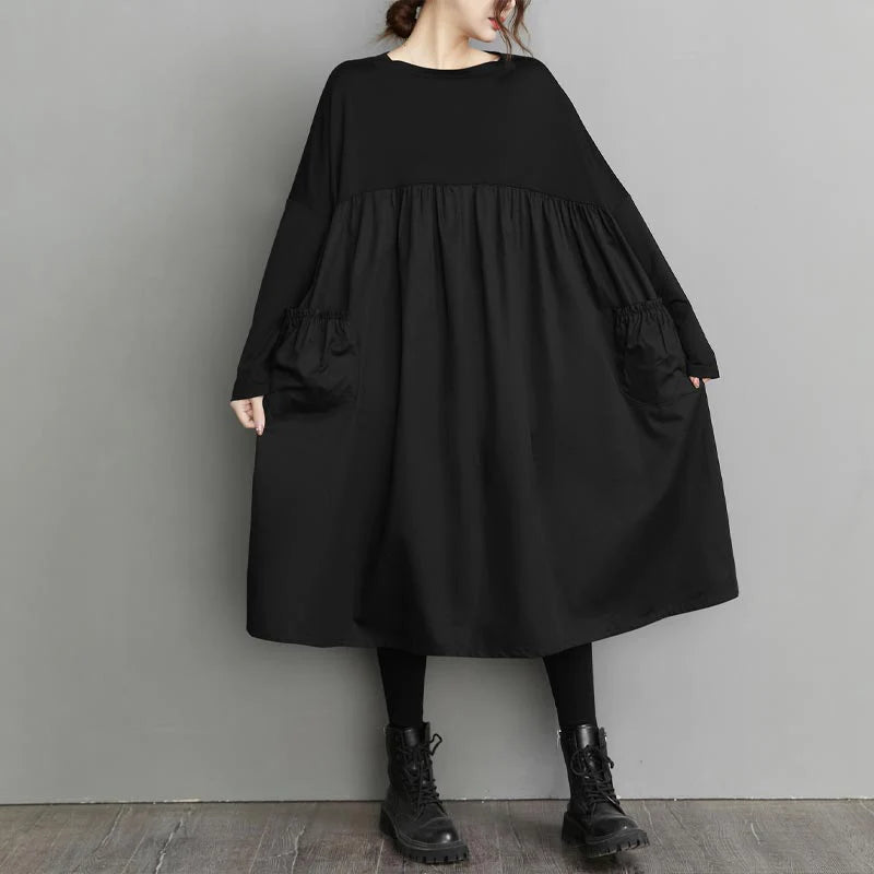 おしゃれワンピース NEW 着瘦せ Aライン タック入り フロントポケット切替 ロングワンピース