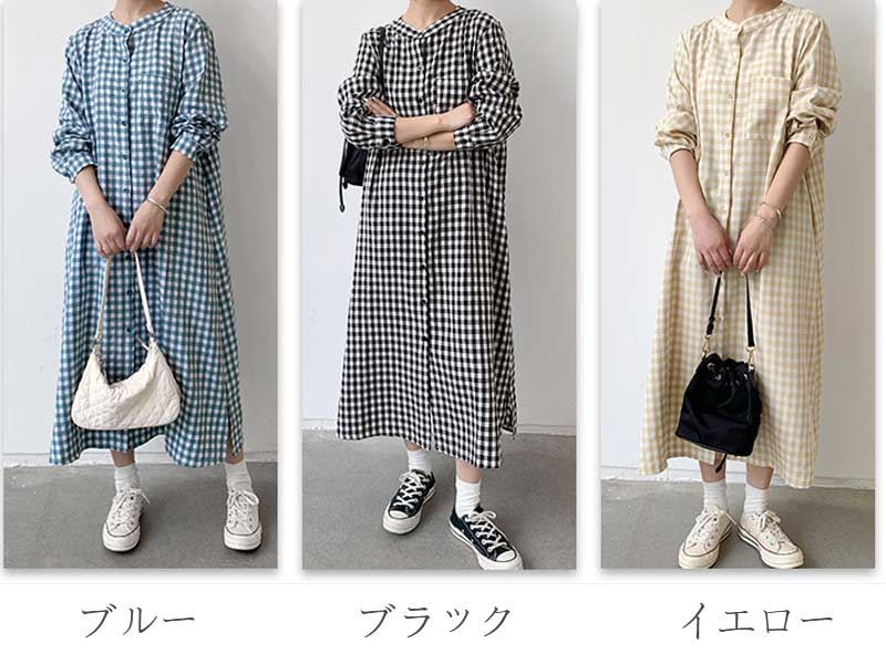 韓国風ファッション チェック柄シャツワンピース おしゃれロングワンピース