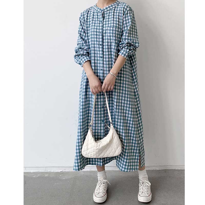 韓国風ファッション チェック柄シャツワンピース おしゃれロングワンピース