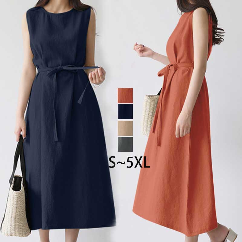 【S~5XL】4色展開 ウエストリボン 夏 無地 ロングワンピース